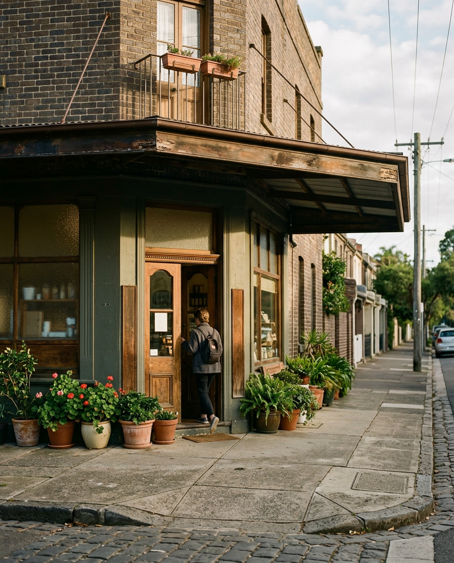 A local Sydney shopfront corner in warm morning light